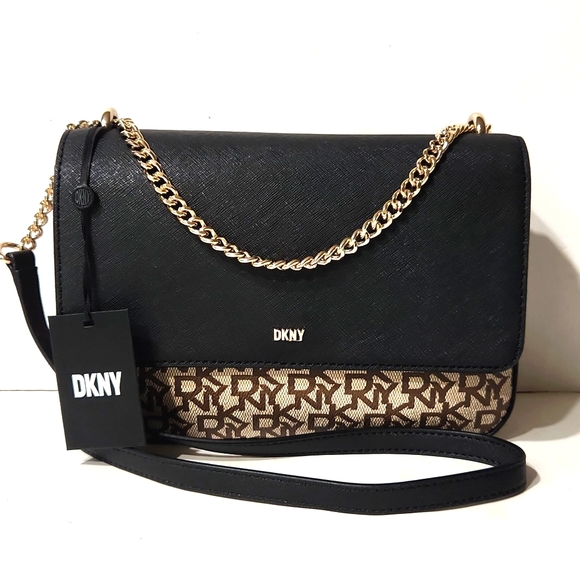 NWT! DKNY Sina Mid Flap Signature Shoulder Bag Black Brown